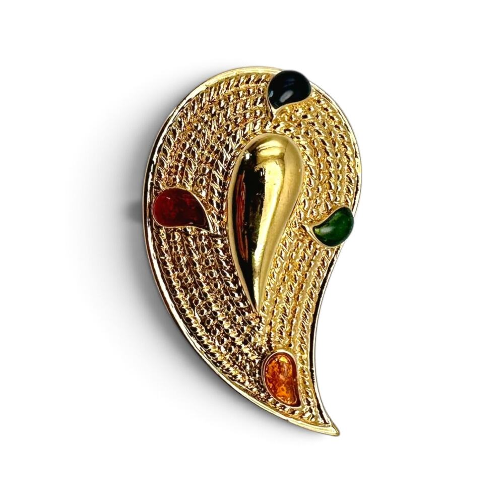 Vintage Gold Tone Paisley Teardrop Brooch Multicolor Cabochon Textured Retro Pin